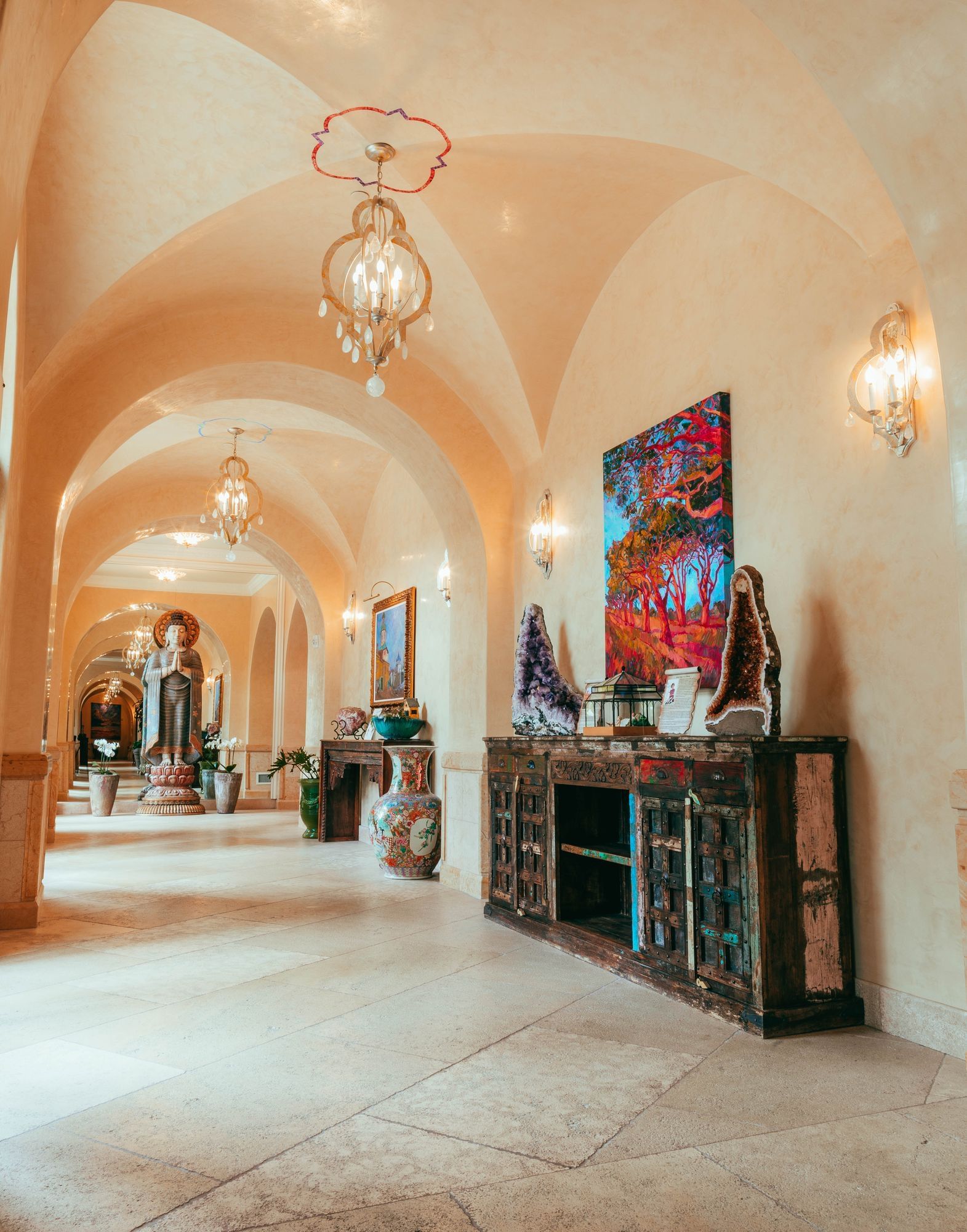 Lorem ipsum Hallway with red and blue art price on the wall and display stand