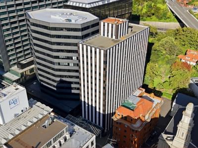 Aerial view of UniLodge Stafford House among various buildings in an urban area.