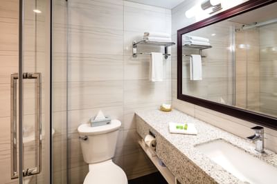 bright bathroom with sink, mirror and glass shower