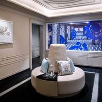 A round couch in the spa lobby at Palazzo Versace Dubai