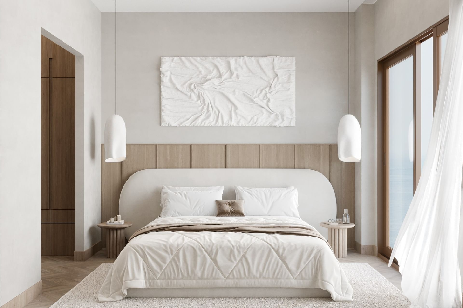 Elegant bedroom with a minimalist design, a comfortable bed, and white linen in BlueZone Residence at A'ila Residences