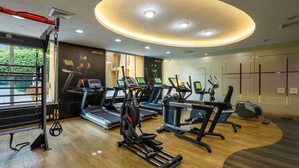 Cardio workout area featuring treadmills and ellipticals under circular lights at Camino Real Polanco Mexico