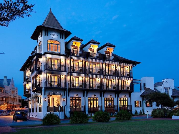 Exterior view of The Pearl Hotel, Rosemary Beach, FL at night