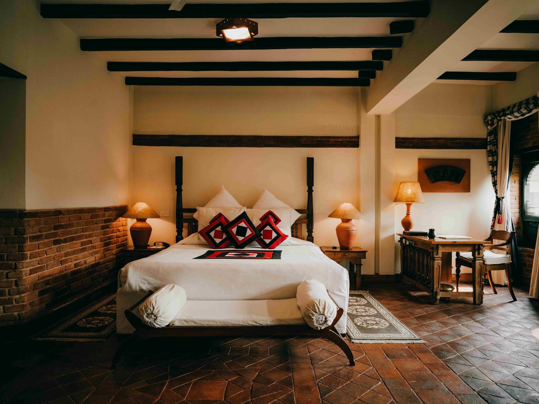 Authentic interior with vintage architecture and furniture in Junior Suite at Dwarika's Hotel Kathmandu