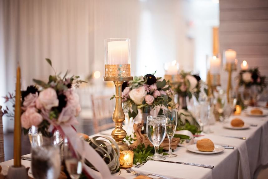 A table decorated for a wedding at our Avalon wedding venue