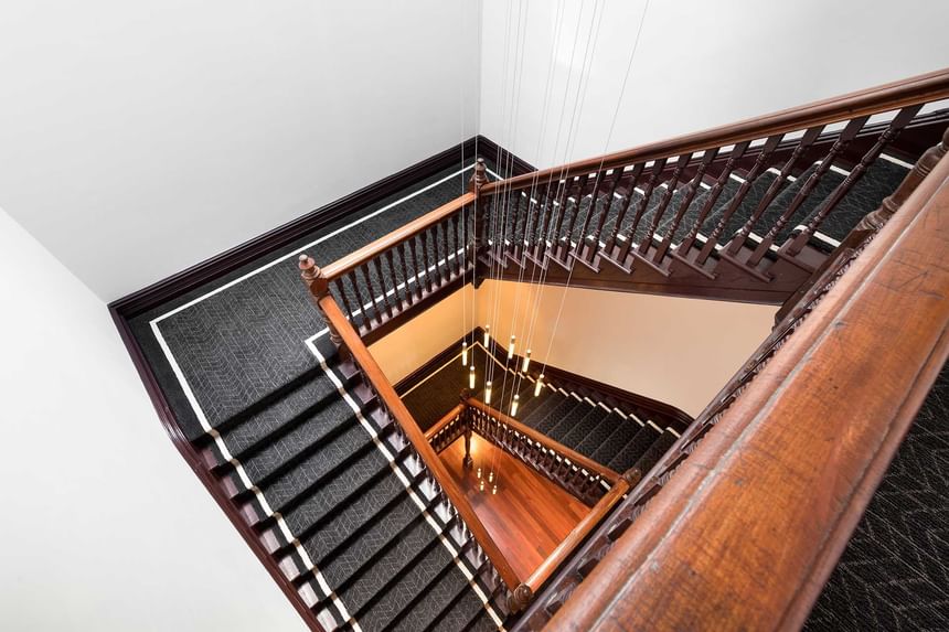 High angle view of the wooden finish stairway at Melbourne Hotel Perth