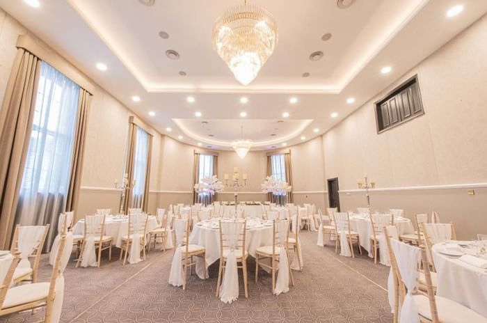 Ballroom styled for wedding showcase at Villiers Hotel in Buckingham