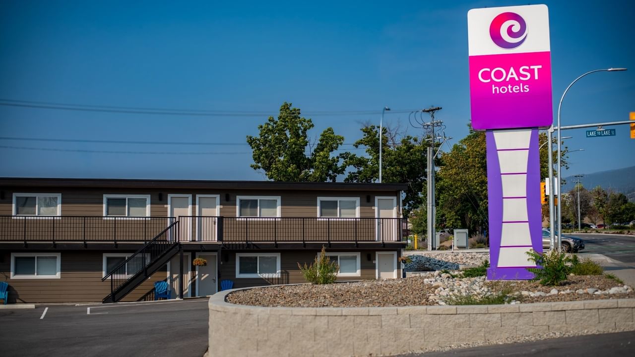 Exterior of Coast Penticton Hotel with a Coast Hotels sign