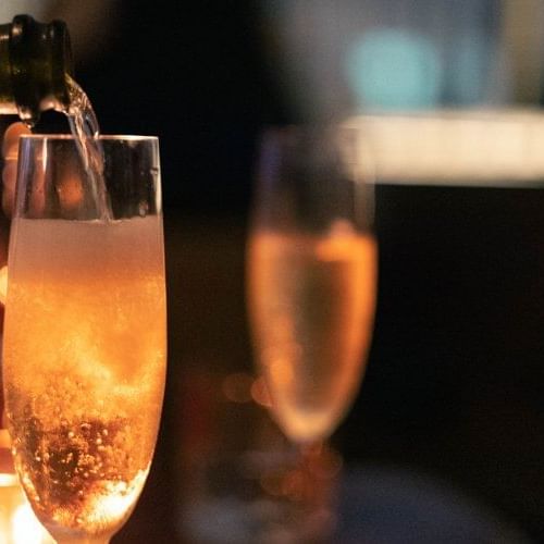 Close-up of champagne glass at Warwick Le Crystal