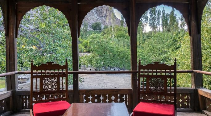 The balcony lounge in Royal Suite at Serena Khaplu Palace