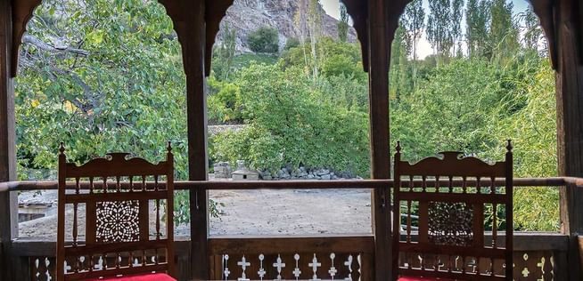The balcony lounge area in Royal Suite at Serena Khaplu Palace