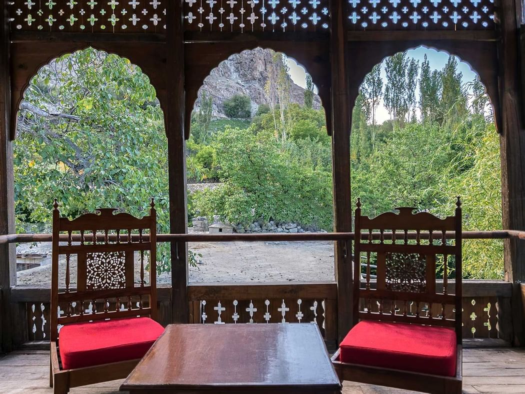 The balcony lounge area in Royal Suite at Serena Khaplu Palace