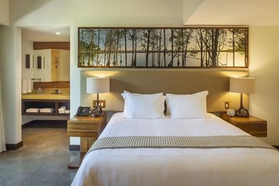 Habitat Superior with a bed, side tables, lamps and nature art at El Mangroove Hotel