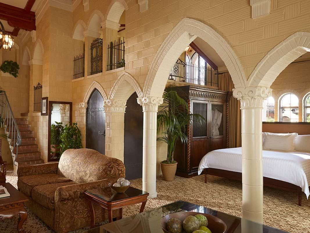 open living room with king bed