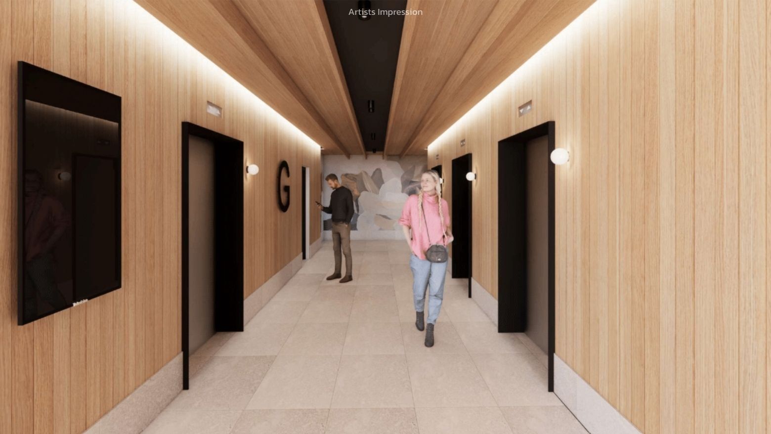 People walking in a corridor with a G logo at UniLodge Brisbane City.