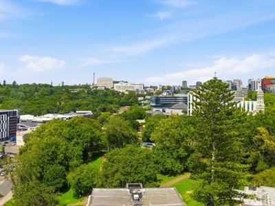 City skyline with lush greenery and modern buildings at Student Living Auckland – Anzac.