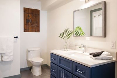 Bathroom with vanity & mirror in Apartment 405 at Retro Suites Hotel