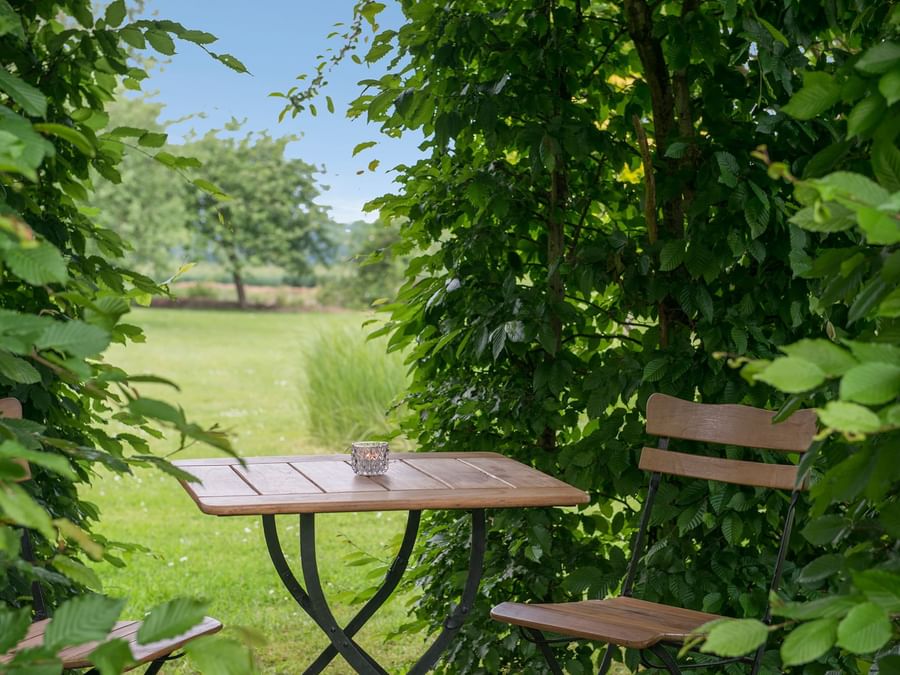 A bench overlooking the garden at Domaine de Bellevue