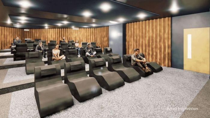 Artistic rendering of a modern cinema room with black lounge chairs at UniLodge Brisbane City.