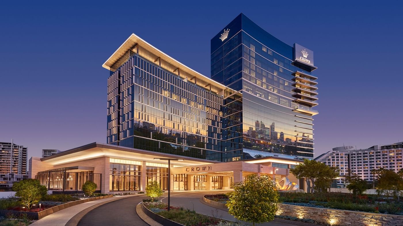 Exterior view of the Crown Towers Perth & lotor lobby at night