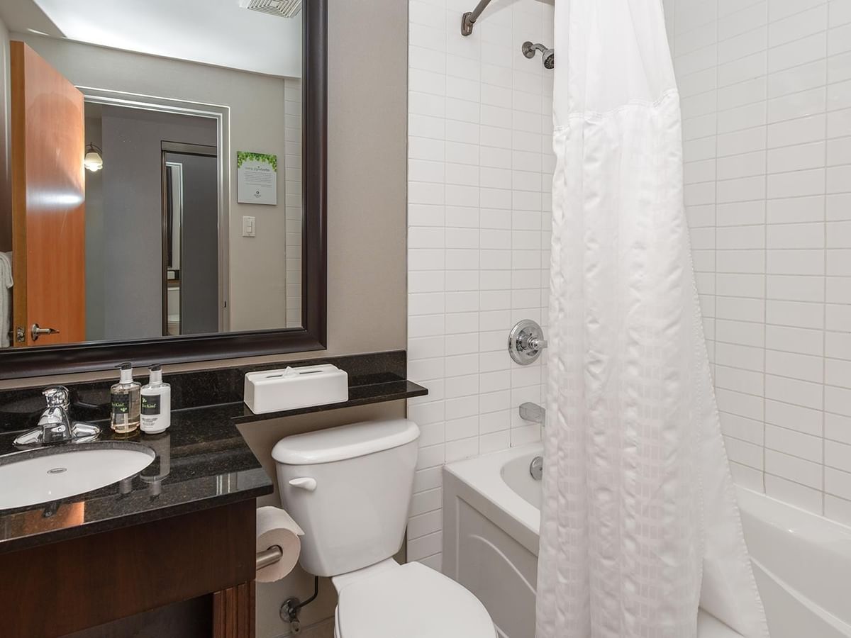 Bathroom with toilet, sink, mirror, and bathtub.