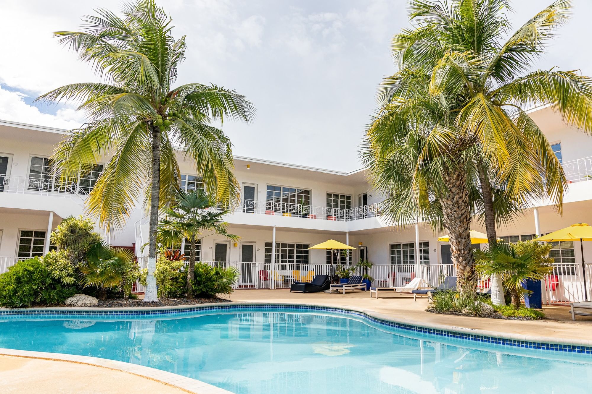 A pool area with palm trees, lounge chairs, and umbrellas in front of a white building.