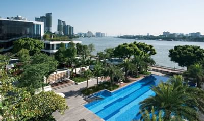 A Distant view of the hotel pool at White Swan hotel