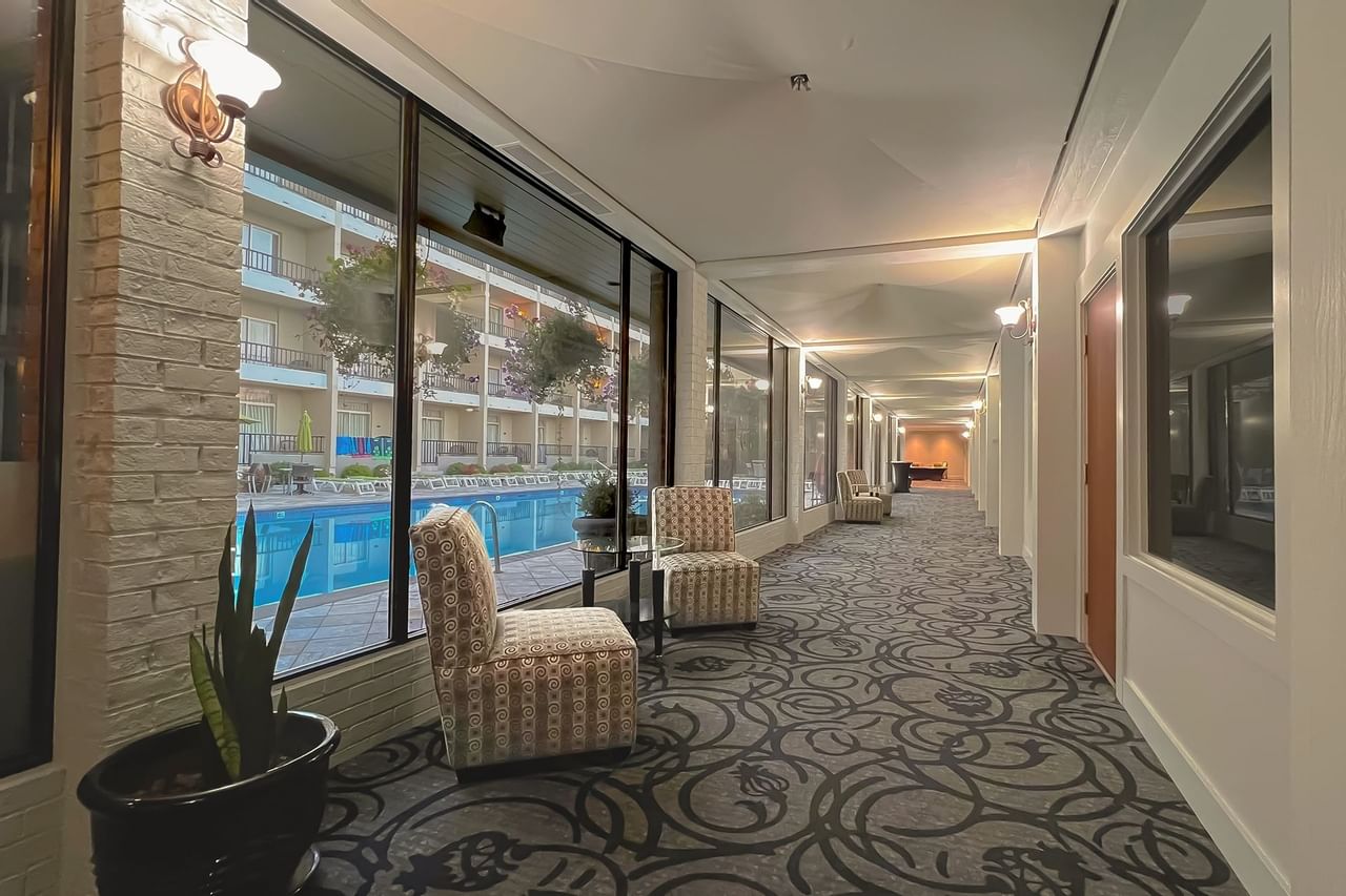 Hotel corridor alongside pool