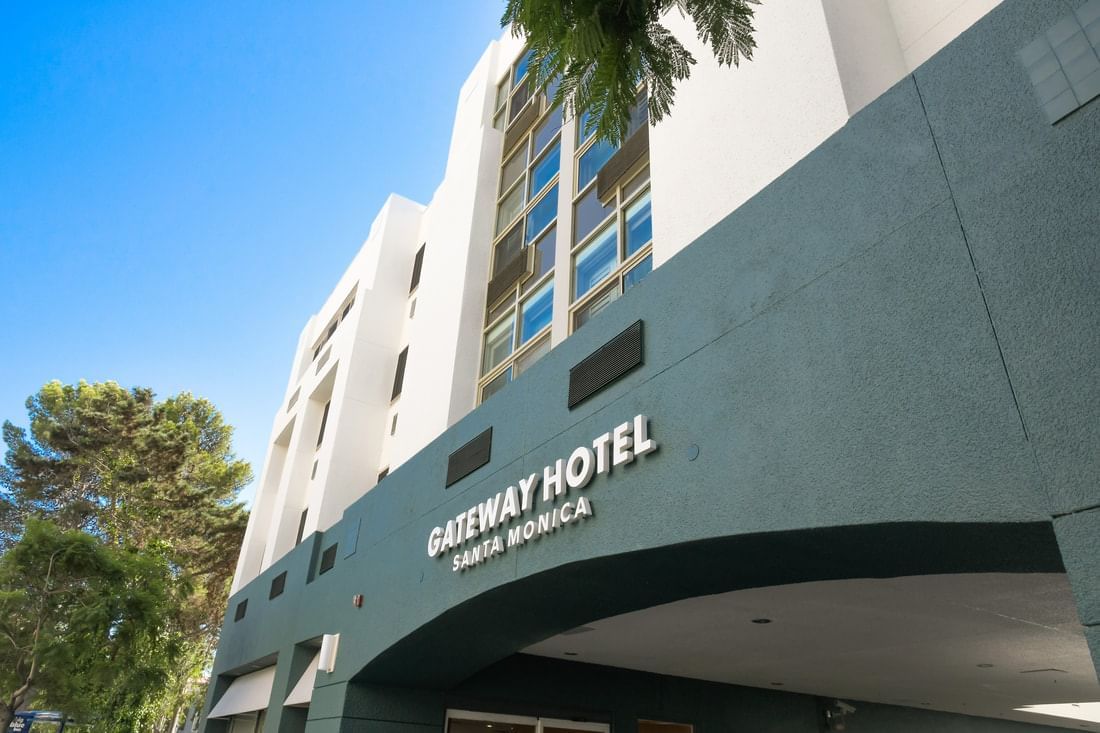 Hotel sign at the entrance of Gateway Hotel Santa Monica