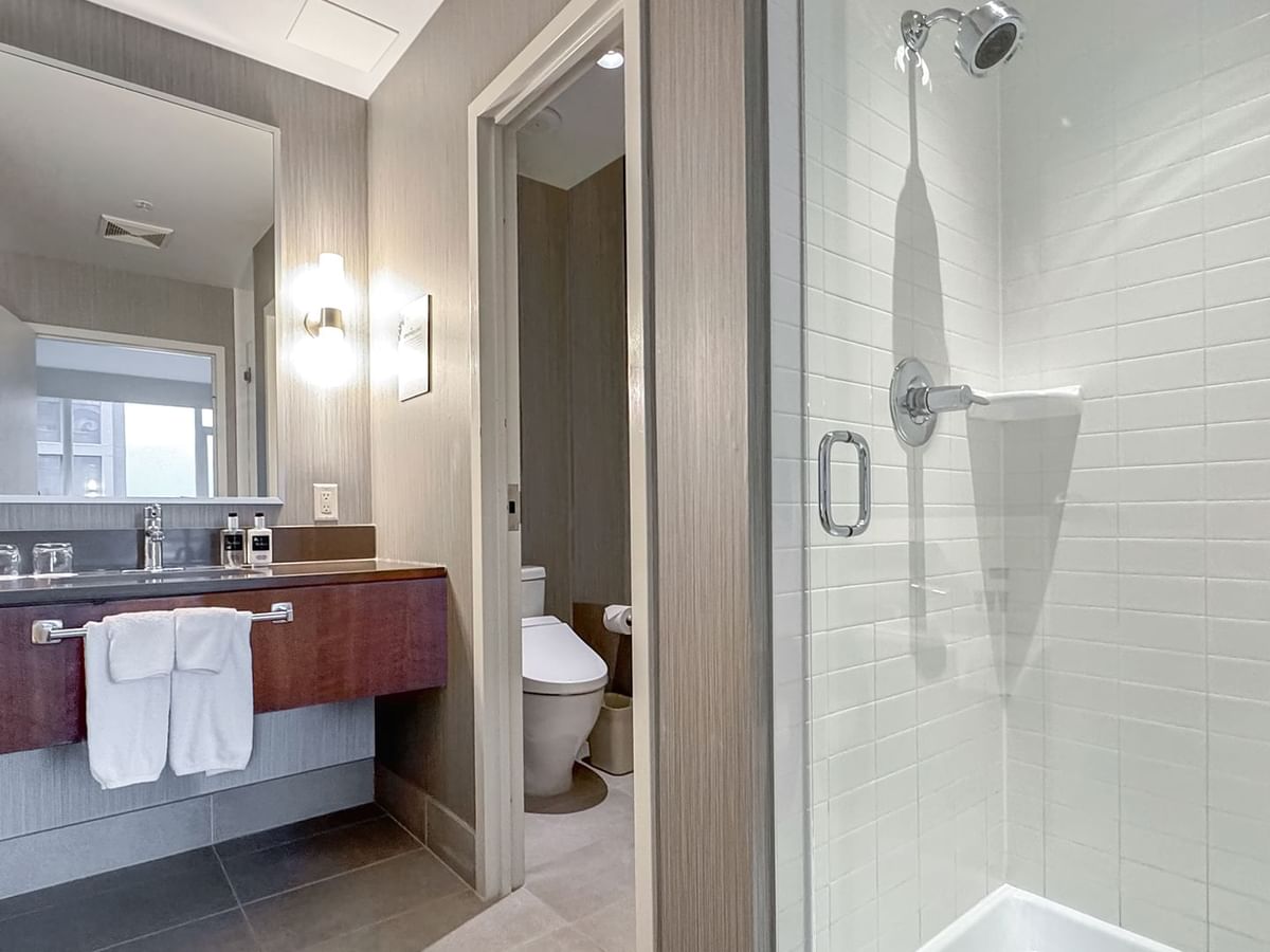 shower area with vanity mirror