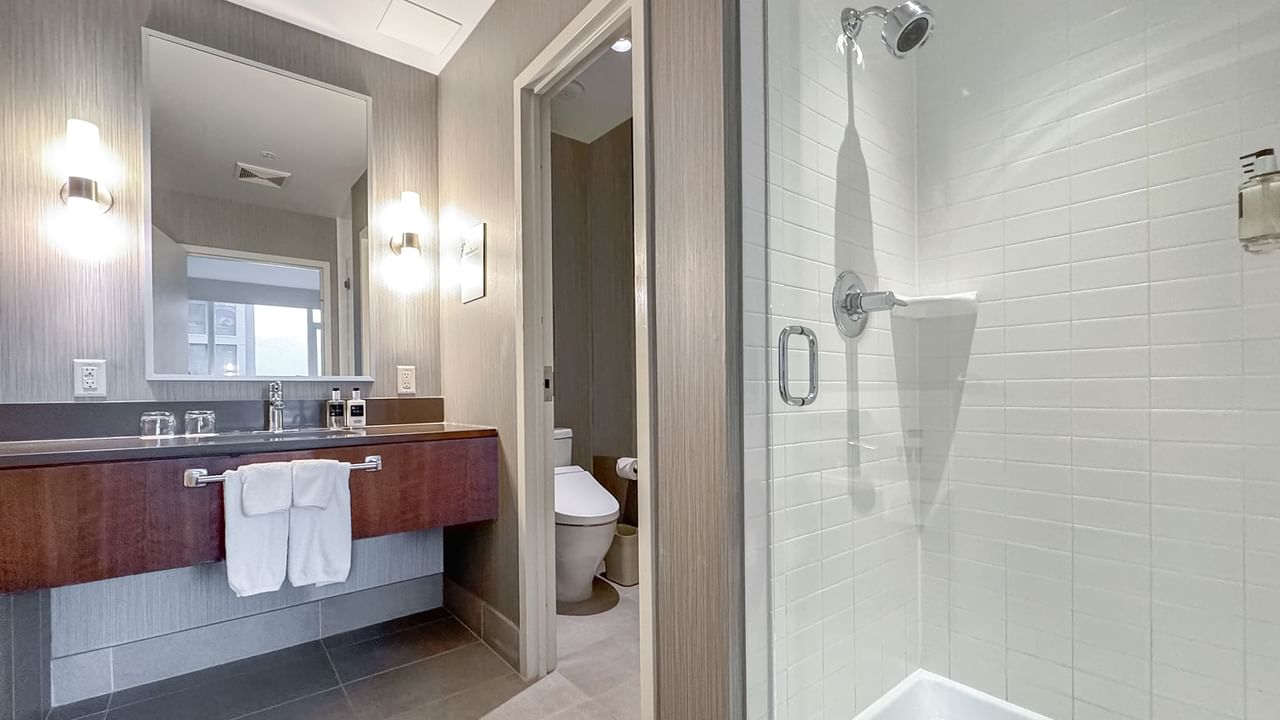shower area with vanity mirror