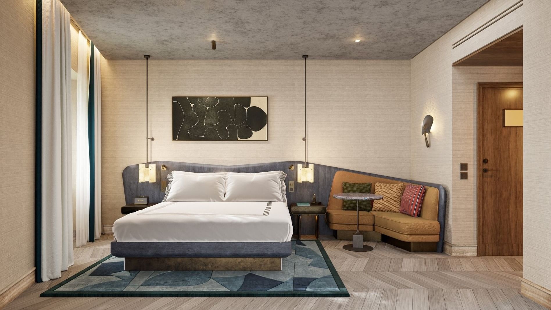 Modern guest room with one queen bed, pendant lighting, seating area, and contemporary artwork at The Thompson Rome.