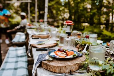 Close-up of dishes served in the outdoor dining venue at Alderbrook Resort & Spa