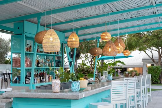 Pool bar at the Vagabond Hotel with hanging lights 