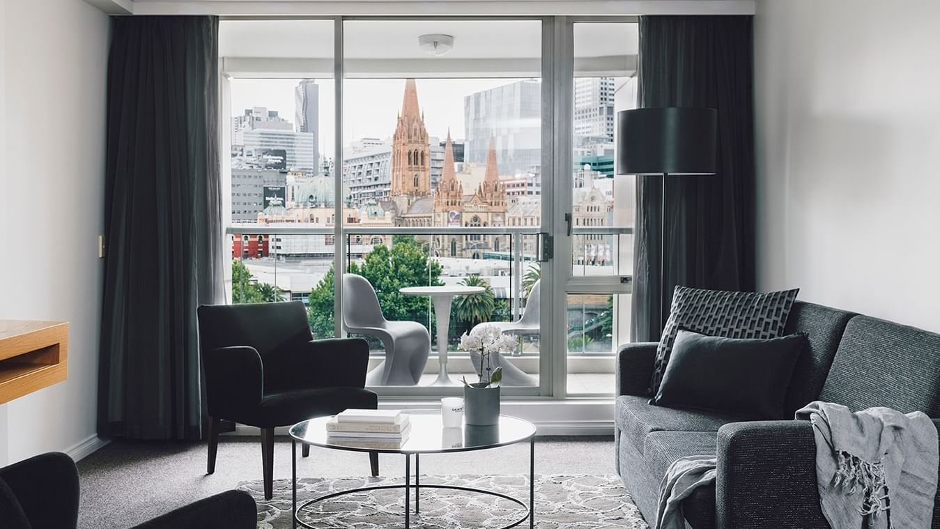 Interior of 1 Bedroom Superior Suite with City Views living room area at Quay West Suites Melbourne