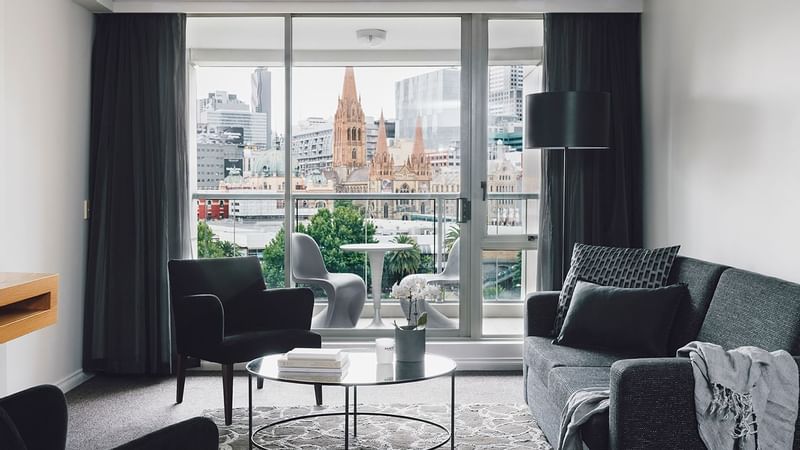 Interior of 1 Bedroom Superior Suite with City Views living room area at Quay West Suites Melbourne
