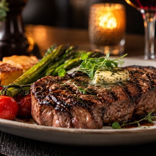 Grilled steak topped with herb butter served with asparagus, roasted tomatoes, and potatoes on a white plate with candlelight