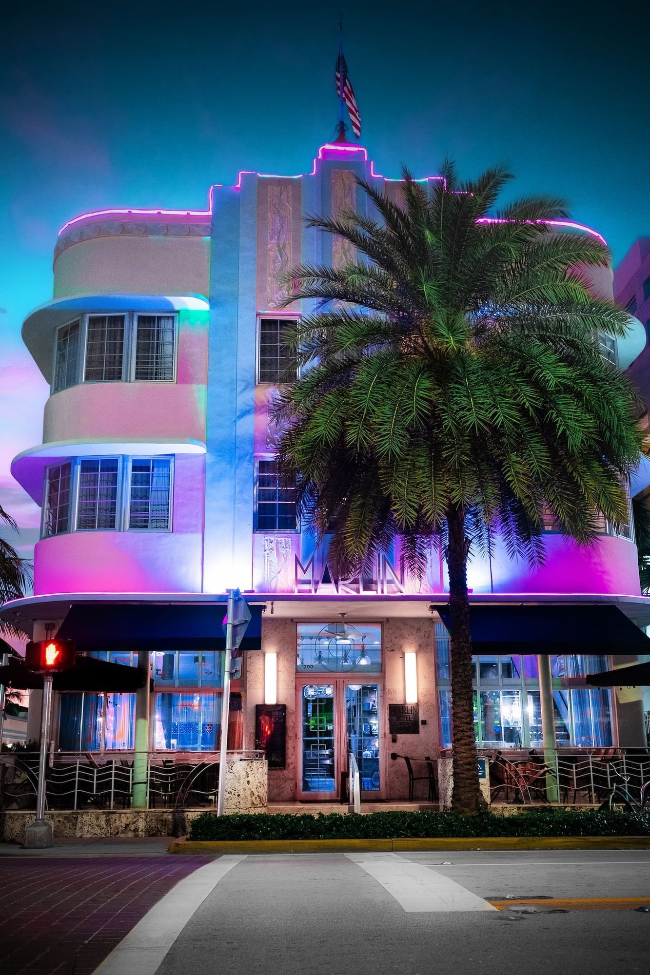 A multi-story building with a curved facade and a palm tree in front of it.