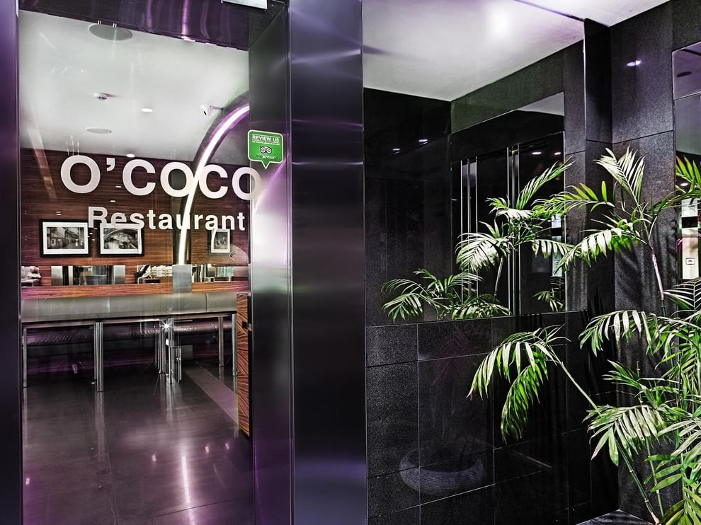 O'cocco Restaurant entrance by green plants under purple neon lights at Warwick Stone 55 - Beirut