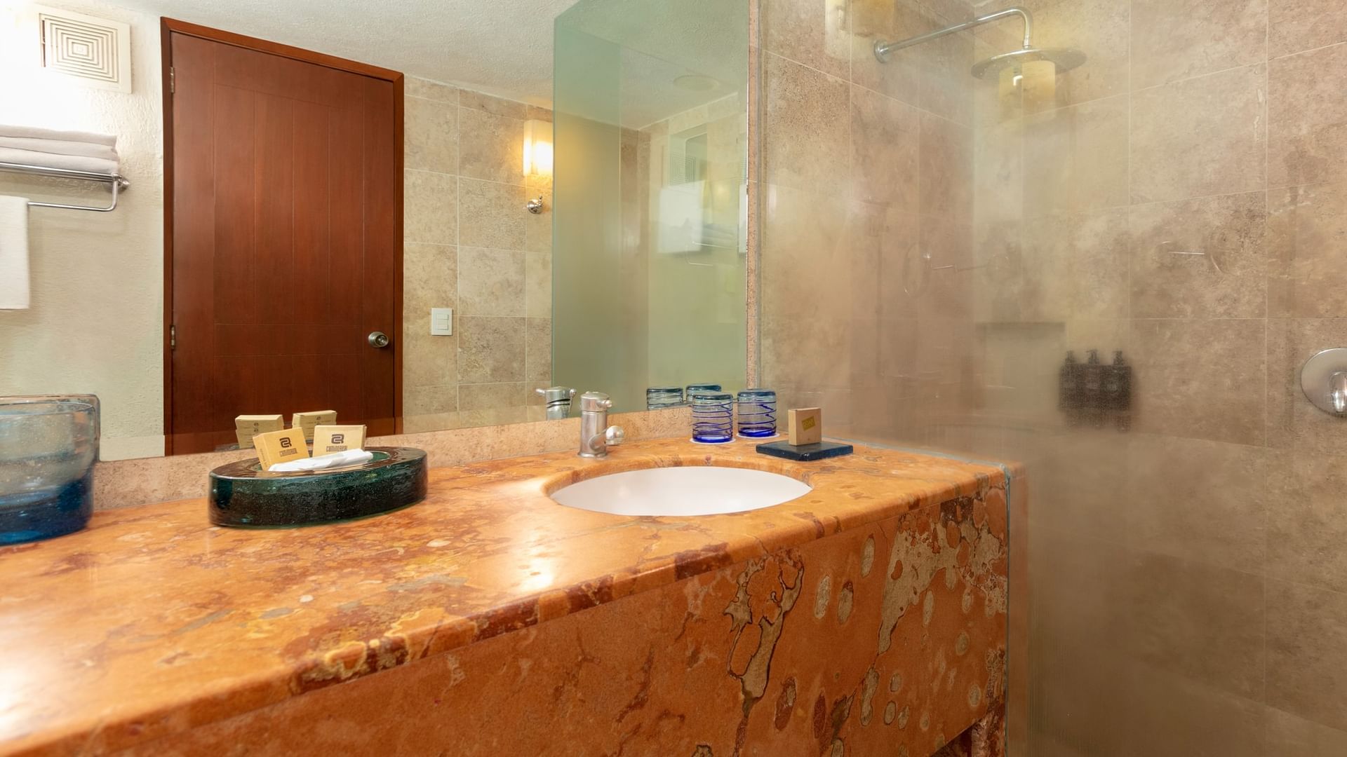 Bathroom vanity with sink and shower in 2 Double Deluxe room at Camino Real Guadalajara in Zapopan