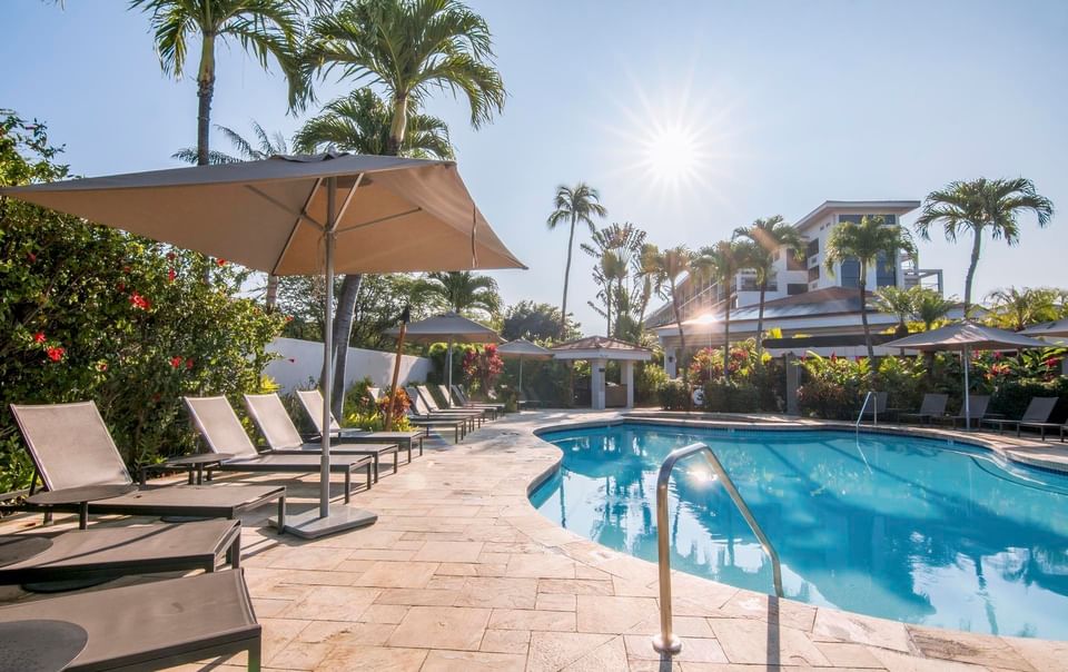 Landscape of the pool area with sunbeds at Maui Coast Hotel