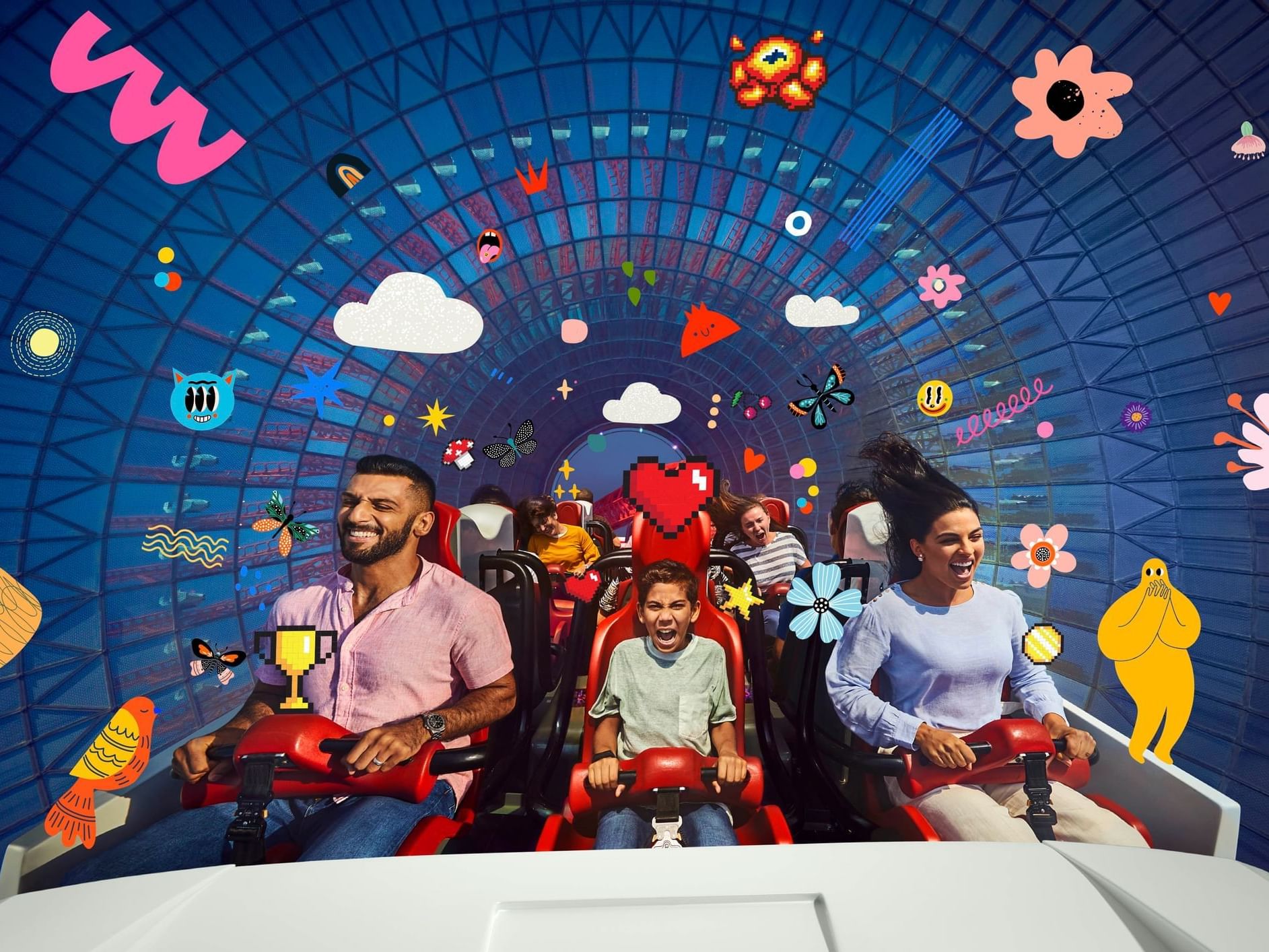 Animated image of a family on a rollercoaster at Al Hamra 