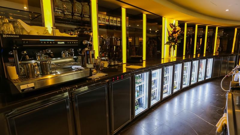 Interior of Eat ST Bar alcohol cabinets at Novotel Sydney