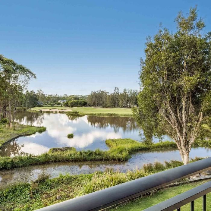 Scenic view of a tranquil pond surrounded by lush greenery from Two Bedroom Apartment at Mercure Kooindah Waters