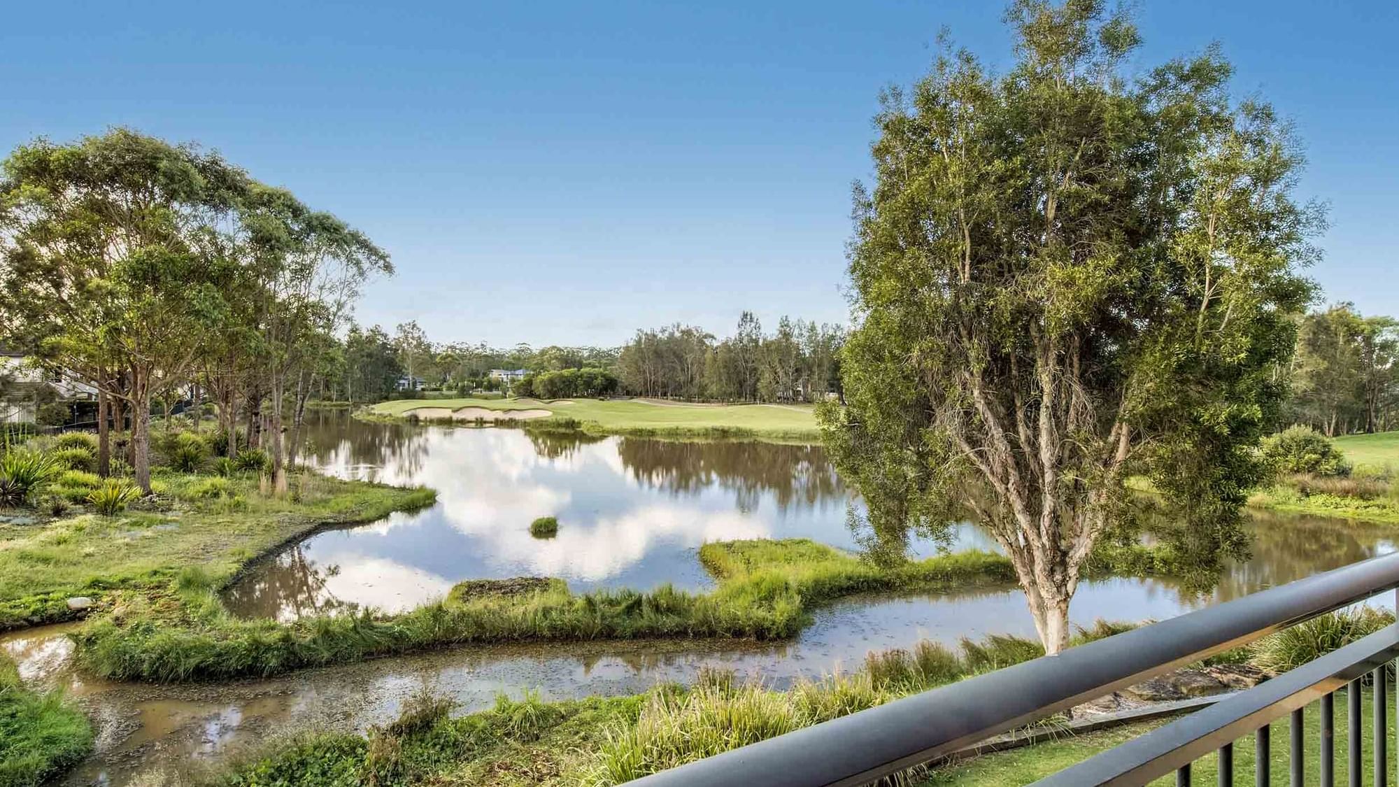 Scenic view of a tranquil pond surrounded by lush greenery from Two Bedroom Apartment at Mercure Kooindah Waters