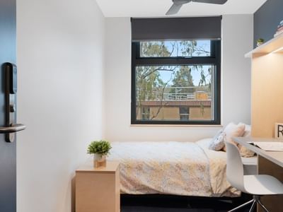 La Trobe University - North and South Apartments bedroom with desk and window view.