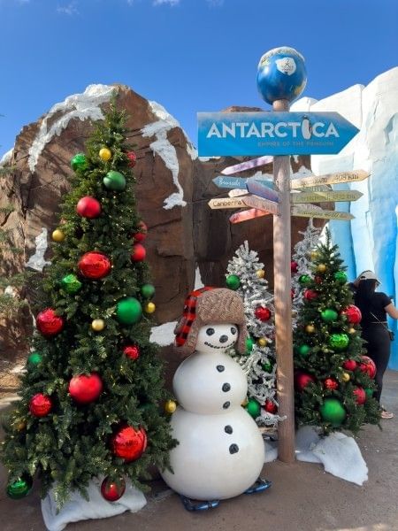 A snowman and beautifully adorned Christmas tree sit side by side at SeaWorld Orlando's Christmas Celebration near I-Drive.