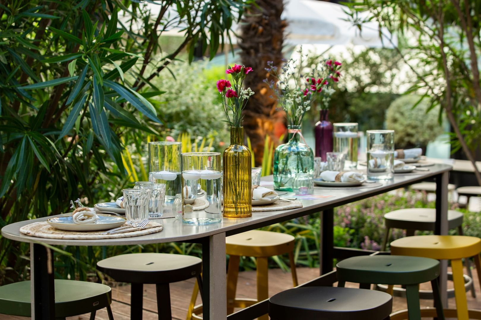 Arrangement de la table à manger avec des verres et des plats culinaires entourés d'arbres dans les hôtels Oceania