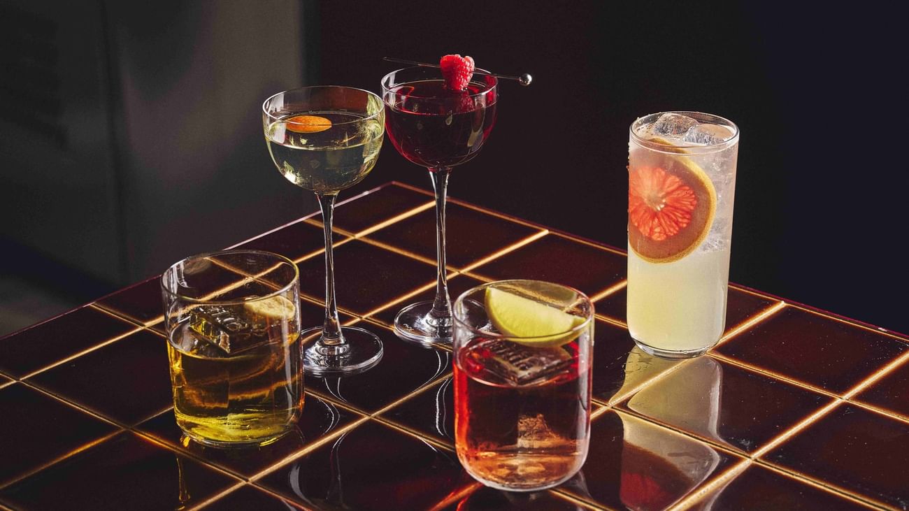 Five different mixed drinks at Bar Tilda at Sofitel Sydney Wentworth in Sydney.