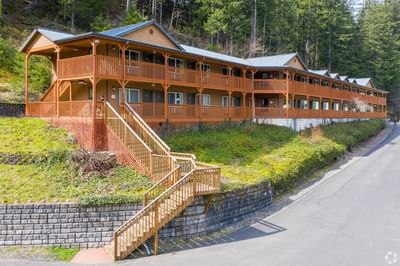 Exterior of the Carson Hot Springs Resort in the serene woods